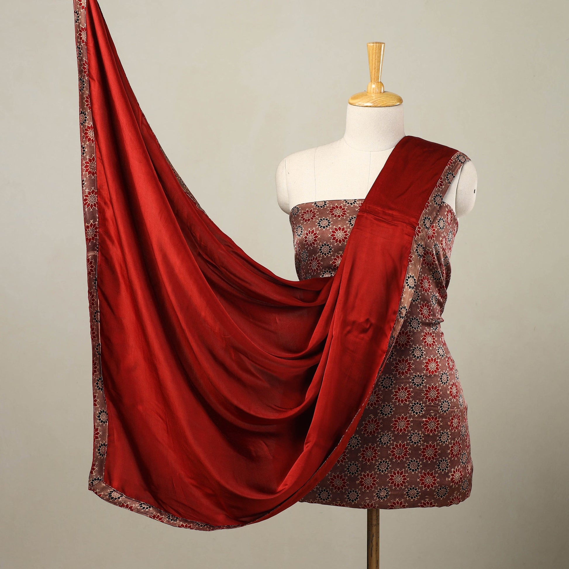 Brown - 3pc Modal Silk Ajrakh Print Kurta with Plain Dupatta 13