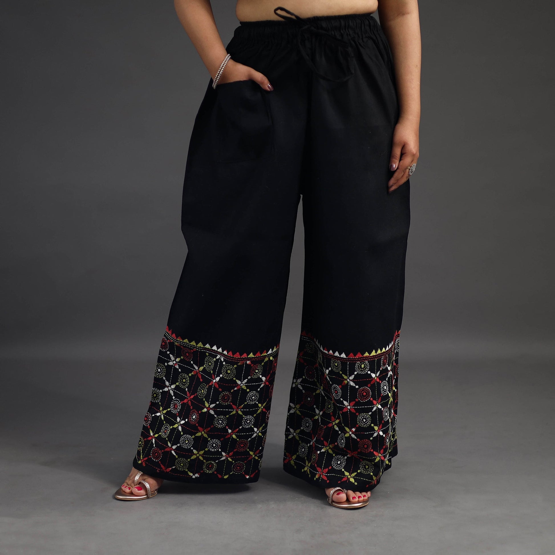 Black - Kantha Hand Embroidery Palazzo in Cotton 19