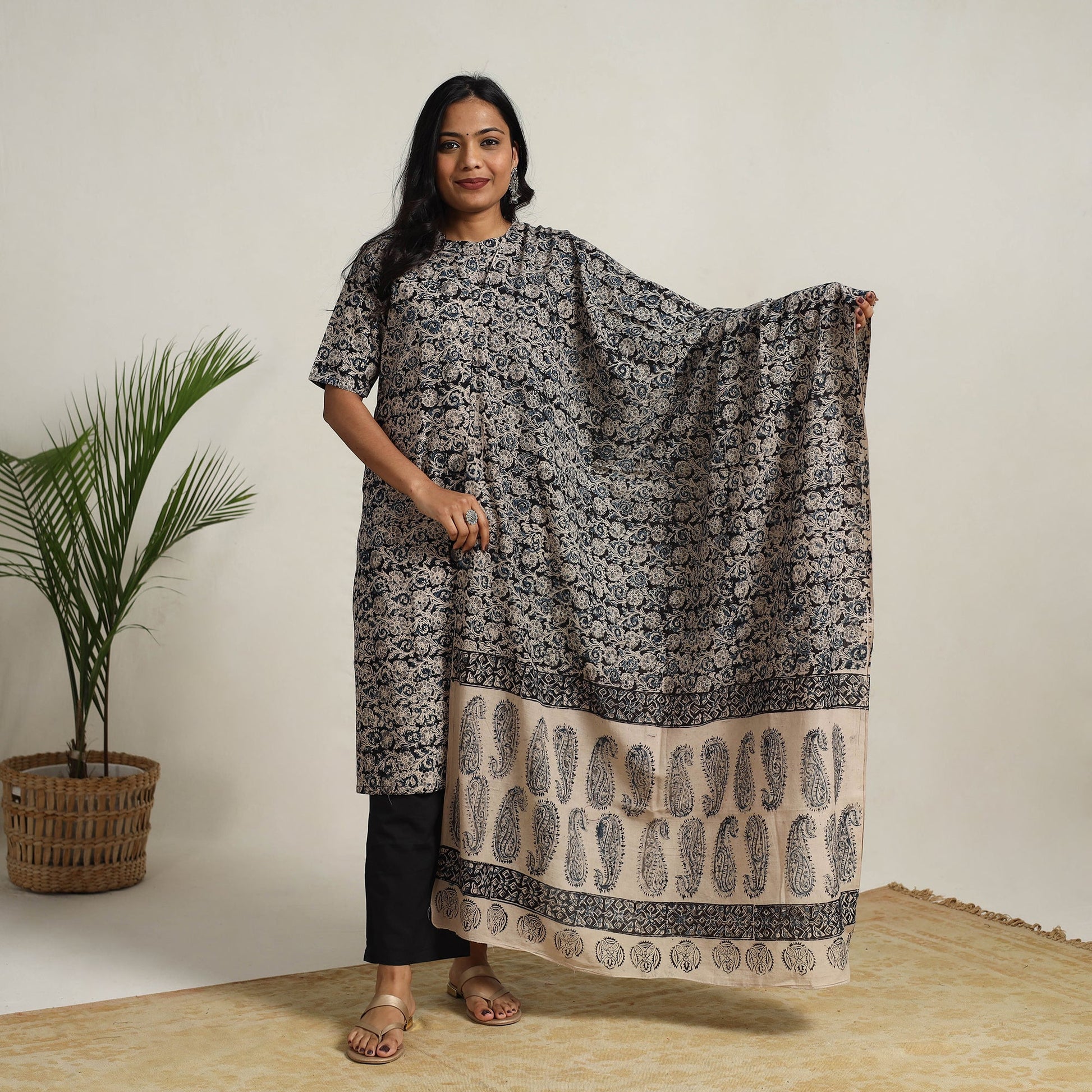 Black - Block Printed Cotton Kalamkari Kurta Set 03