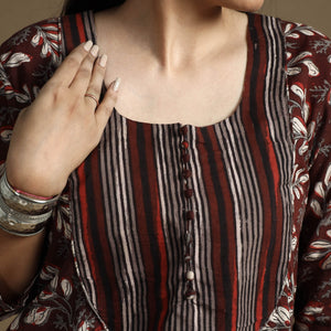 Brown - Bagru Hand Block Printed Cotton A-Line Long Kurta