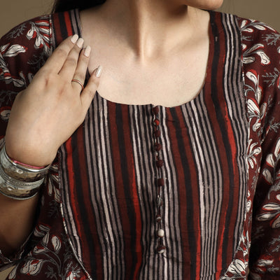 Brown - Bagru Hand Block Printed Cotton A-Line Long Kurta