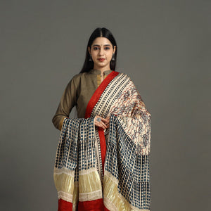 Beige - Hand Block Print Modal Silk Lagdi Patta Ajrakh Dupatta 44