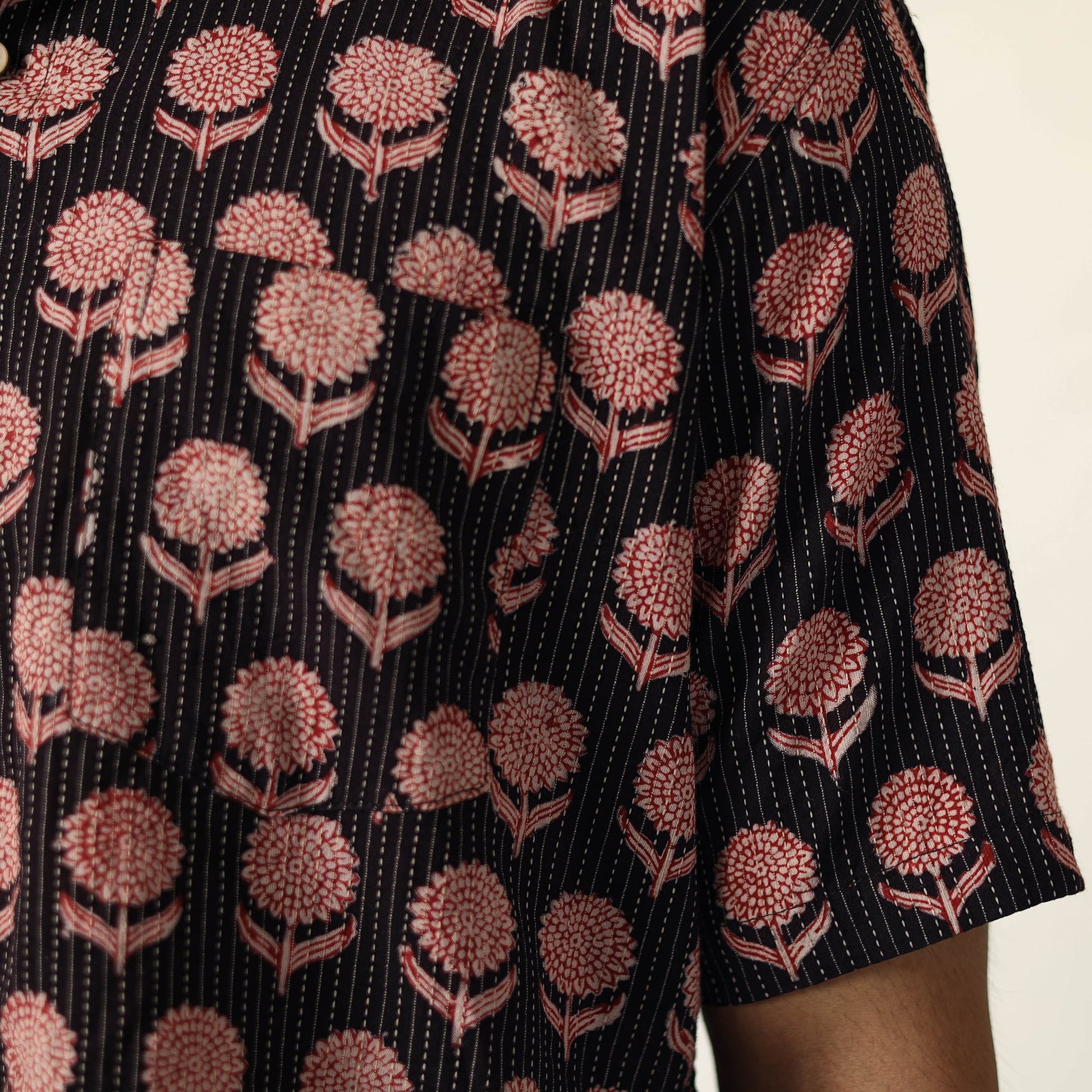 Black - Bagh Prints Kantha Cotton Men Half Sleeve Shirt 14