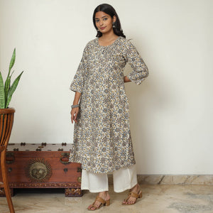Beige - Pedana Kalamkari Hand Block Printed Cotton Pintuck A-Line Kurta 56