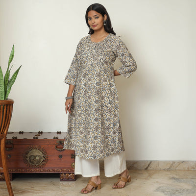 Beige - Pedana Kalamkari Hand Block Printed Cotton Pintuck A-Line Kurta 56