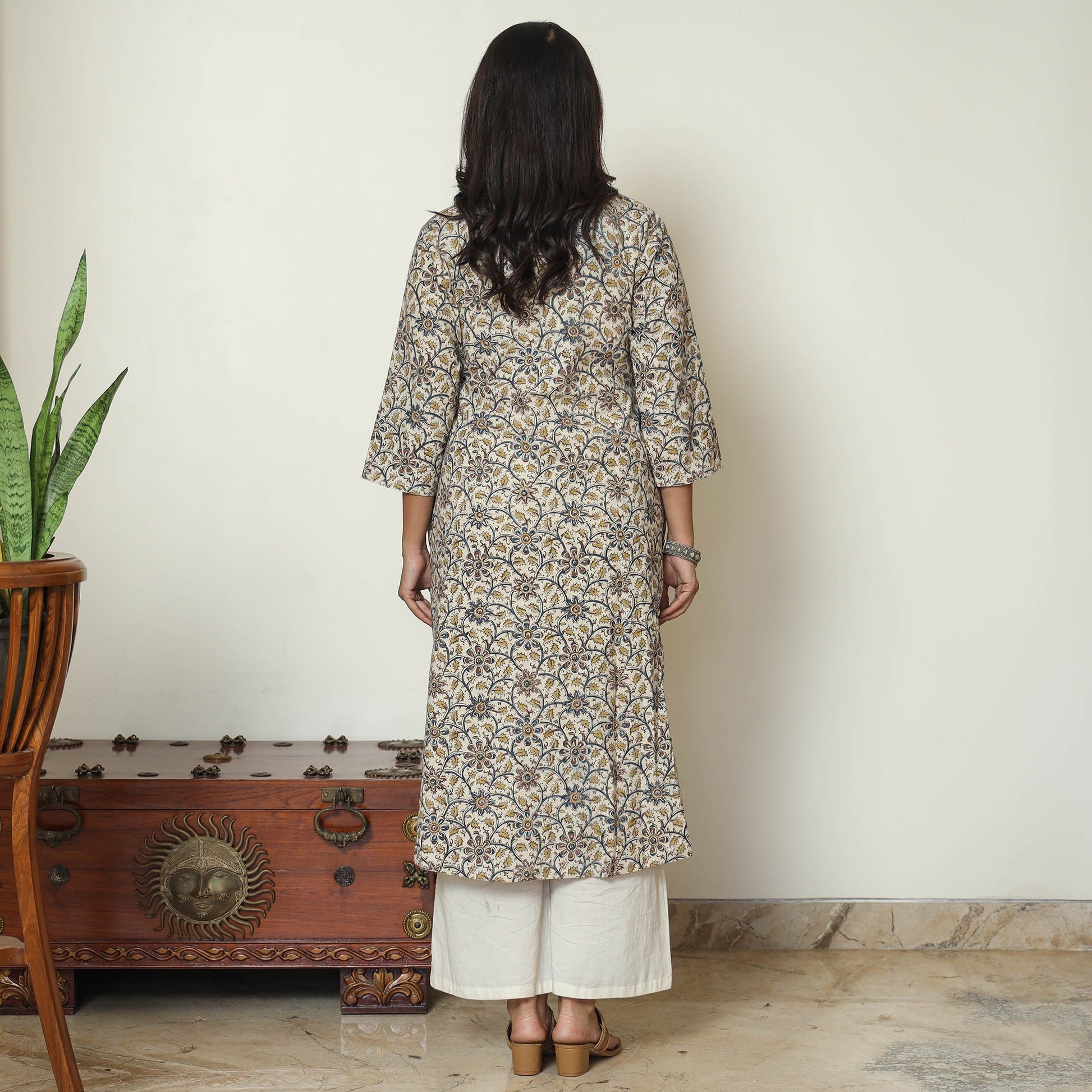 Beige - Pedana Kalamkari Hand Block Printed Cotton Pintuck A-Line Kurta 56