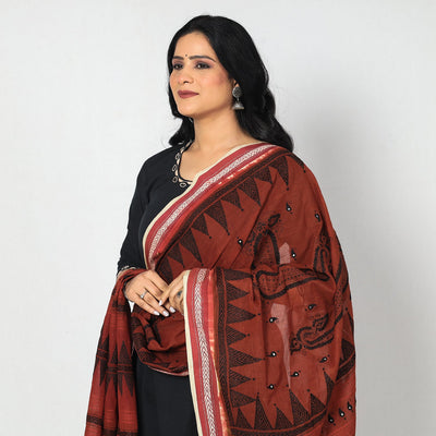 Brown - Bengal Kantha Embroidery Cotton Handloom Dupatta