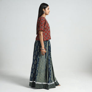 Blue - Ajrakh Block Printed 24 Kali Patchwork Cotton Long Skirt