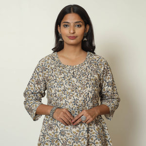 Beige - Pedana Kalamkari Hand Block Printed Cotton Pintuck A-Line Kurta 56