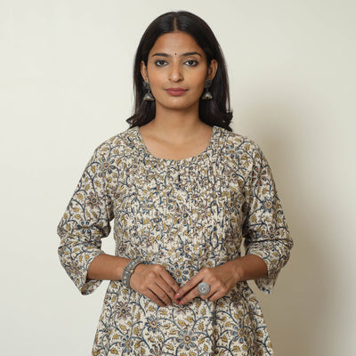 Beige - Pedana Kalamkari Hand Block Printed Cotton Pintuck A-Line Kurta 56