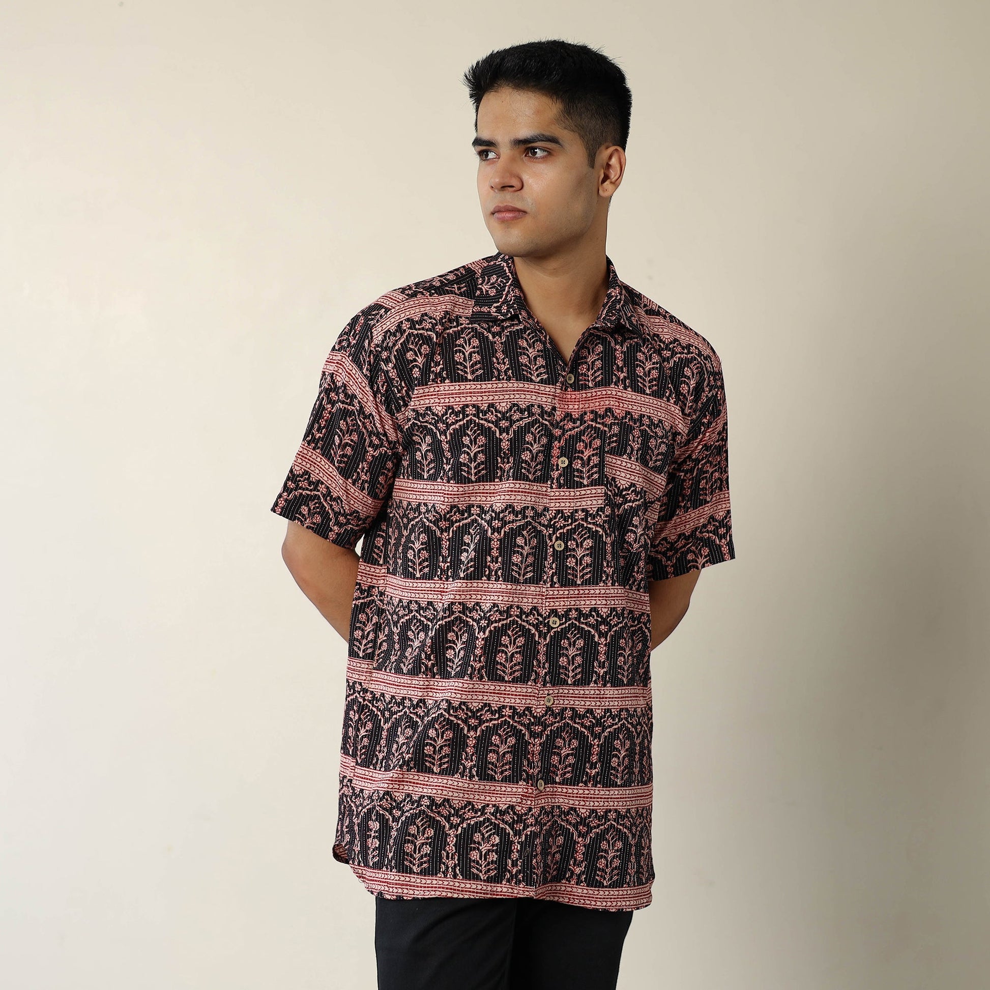 Black - Bagh Prints Kantha Cotton Men Half Sleeve Shirt 15