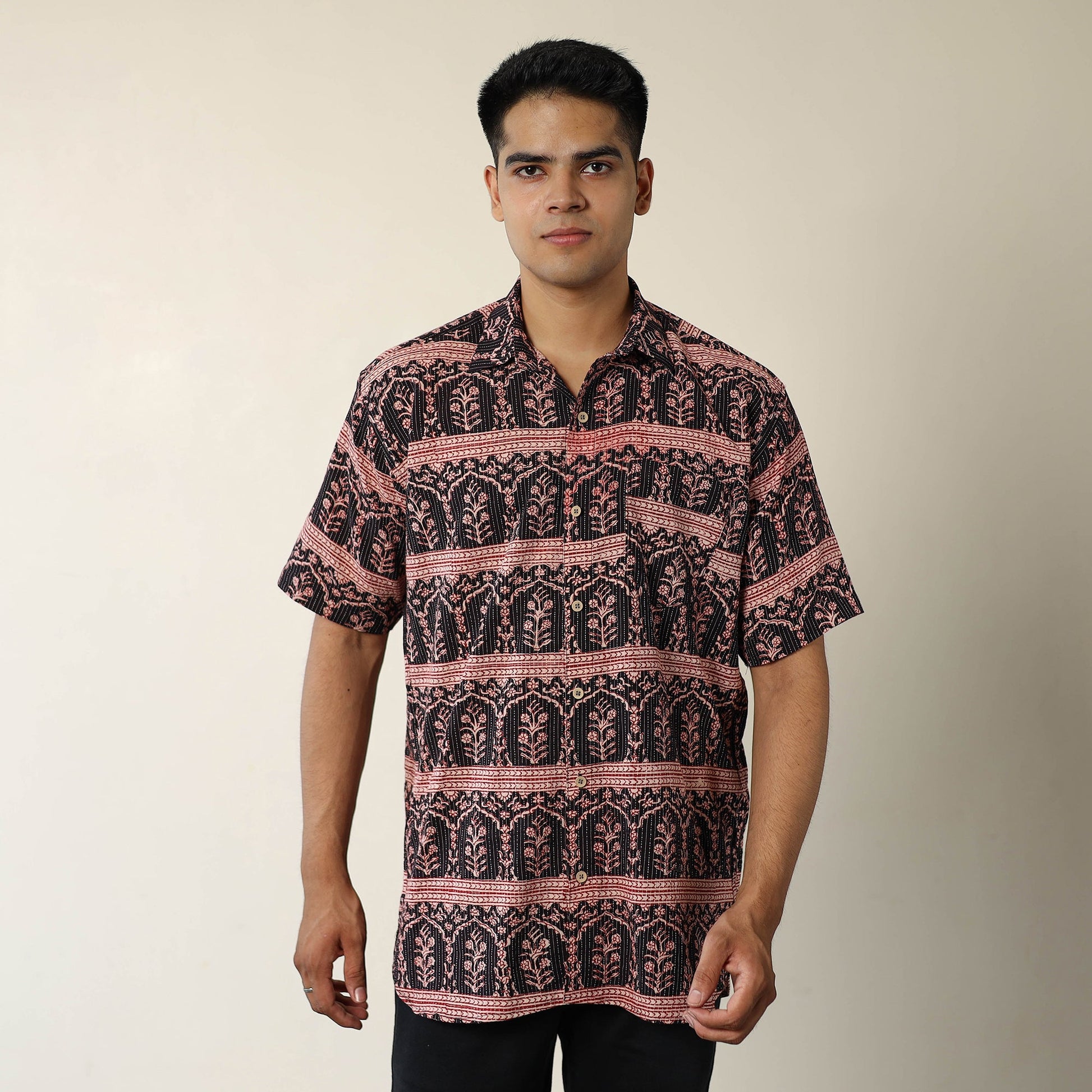 Black - Bagh Prints Kantha Cotton Men Half Sleeve Shirt 15
