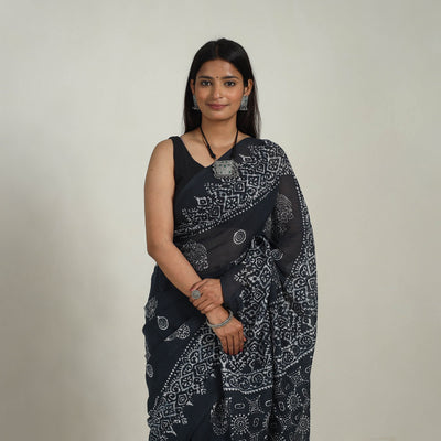 Black - Cotton Hand Batik Print Saree 02