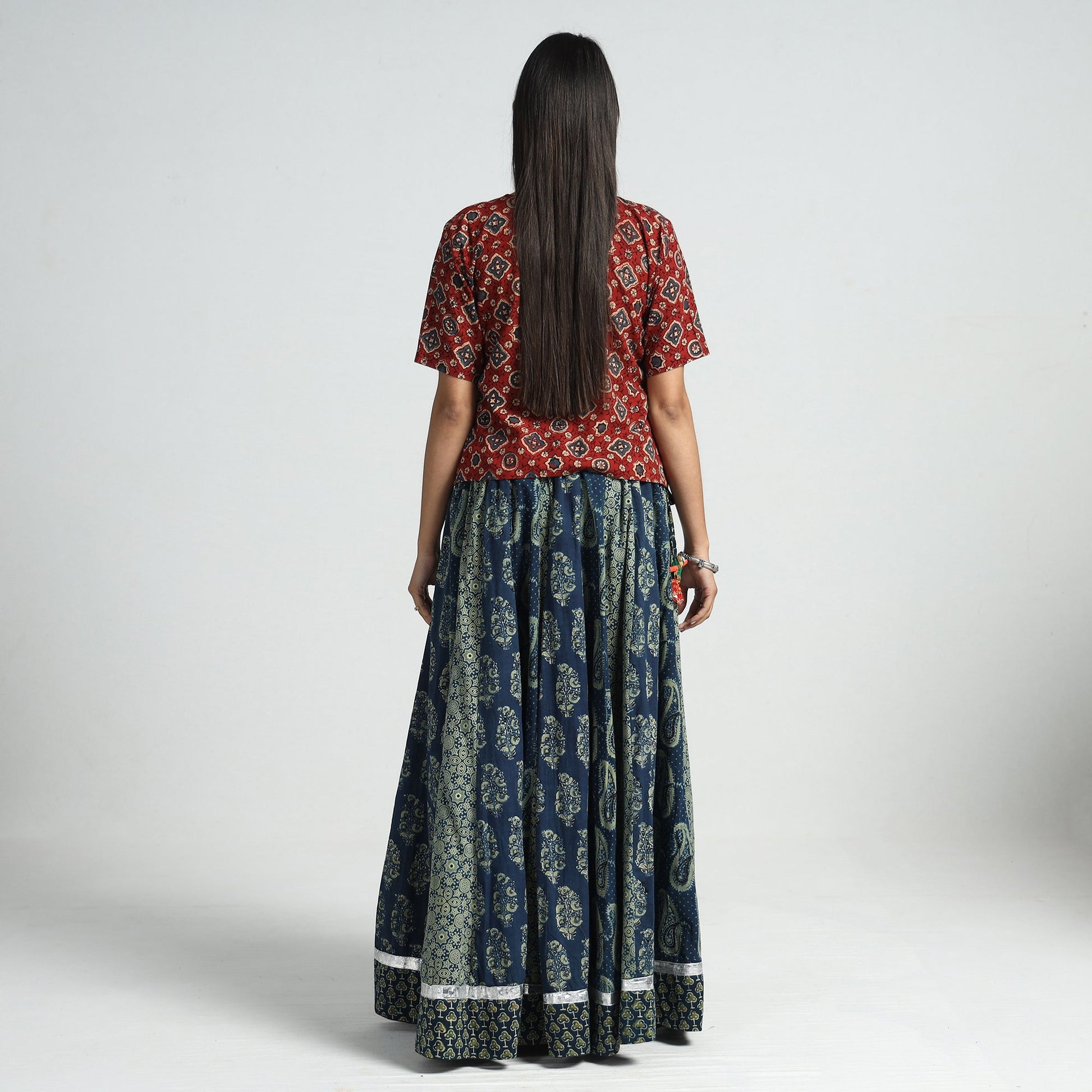 Blue - Ajrakh Block Printed 24 Kali Patchwork Cotton Long Skirt