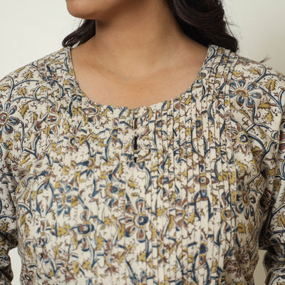 Beige - Pedana Kalamkari Hand Block Printed Cotton Pintuck A-Line Kurta 56