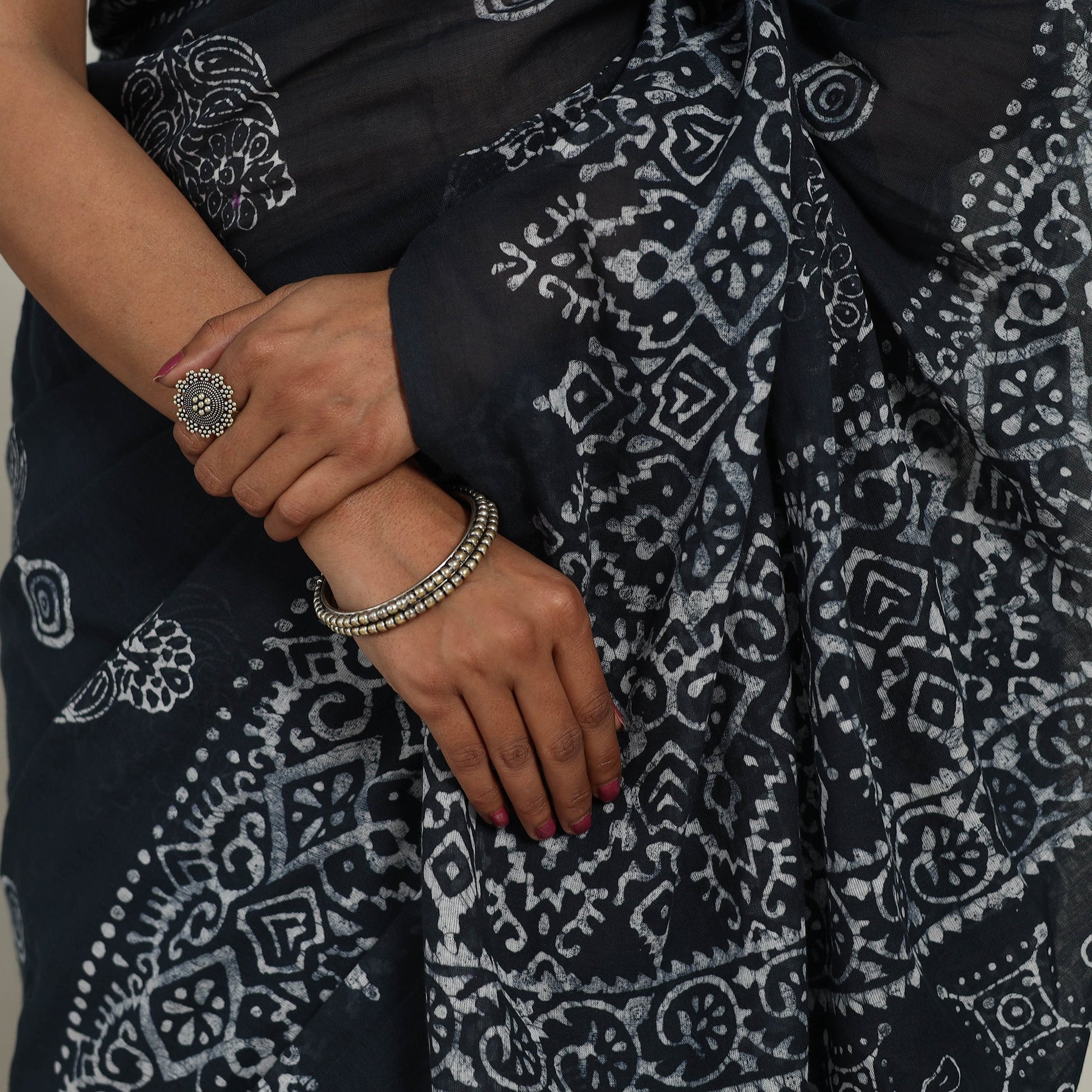Black - Cotton Hand Batik Print Saree 02