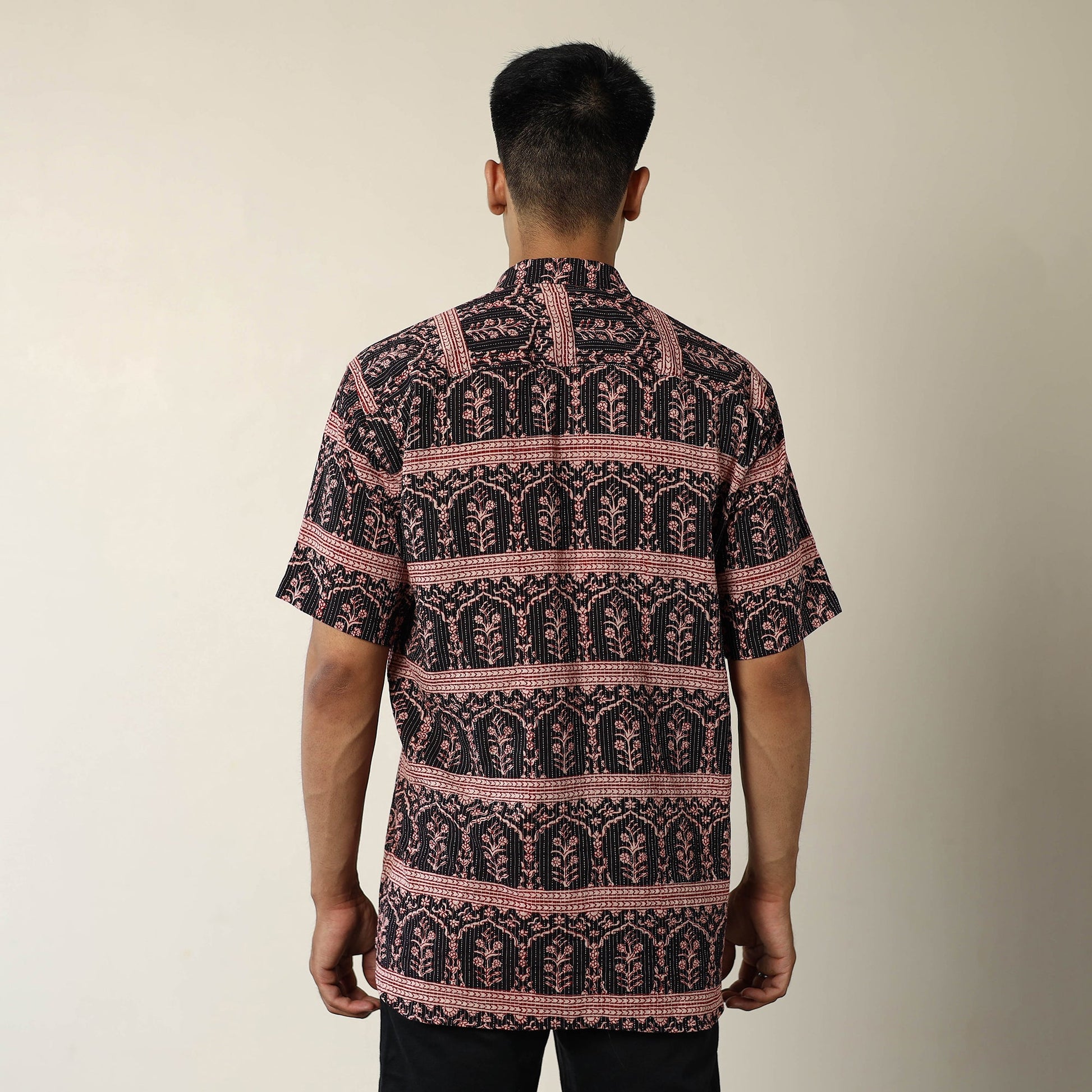 Black - Bagh Prints Kantha Cotton Men Half Sleeve Shirt 15