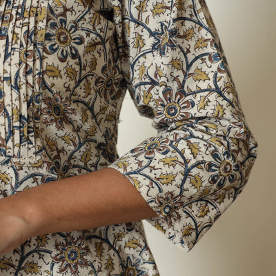 Beige - Pedana Kalamkari Hand Block Printed Cotton Pintuck A-Line Kurta 56