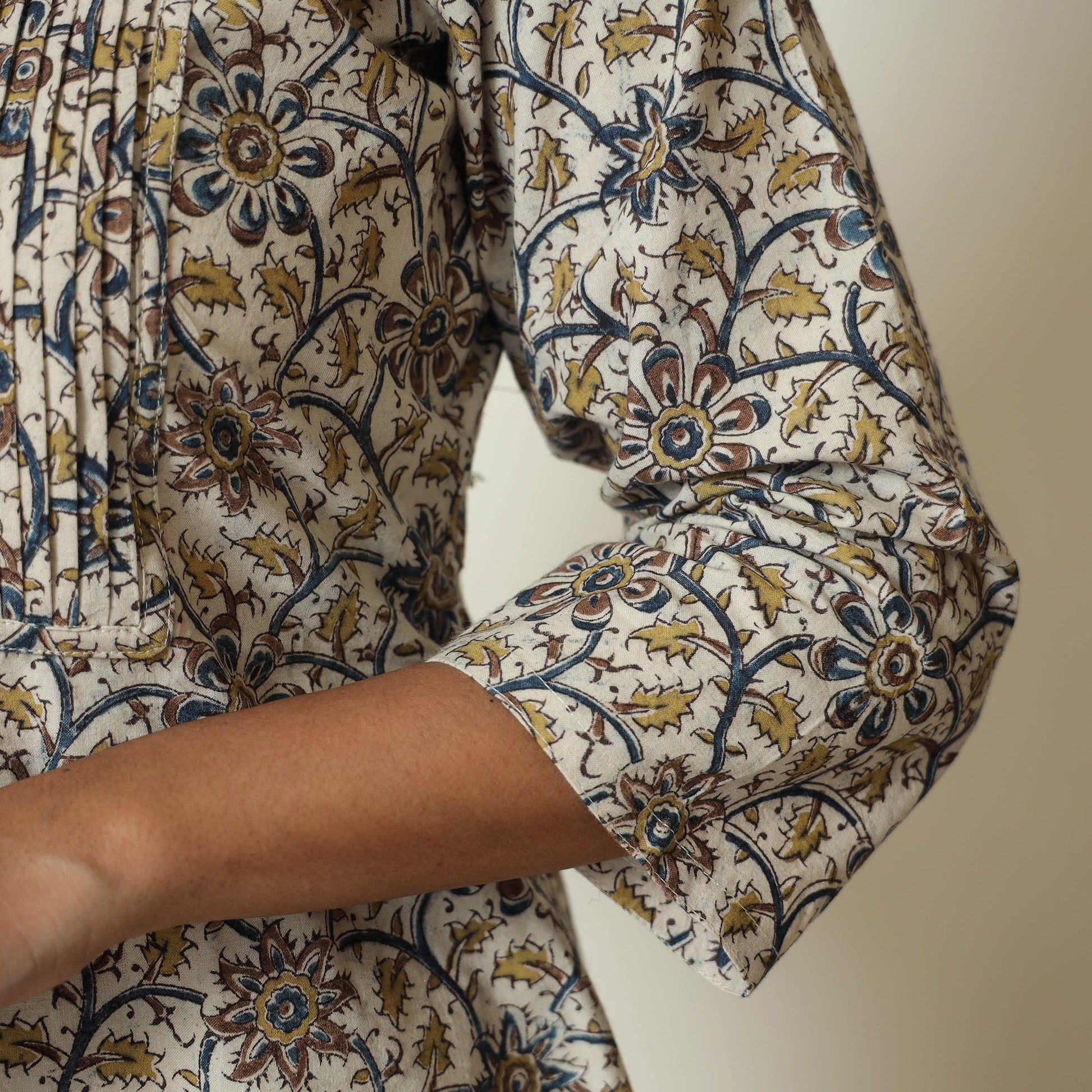Beige - Pedana Kalamkari Hand Block Printed Cotton Pintuck A-Line Kurta 56