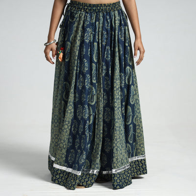 Blue - Ajrakh Block Printed 24 Kali Patchwork Cotton Long Skirt