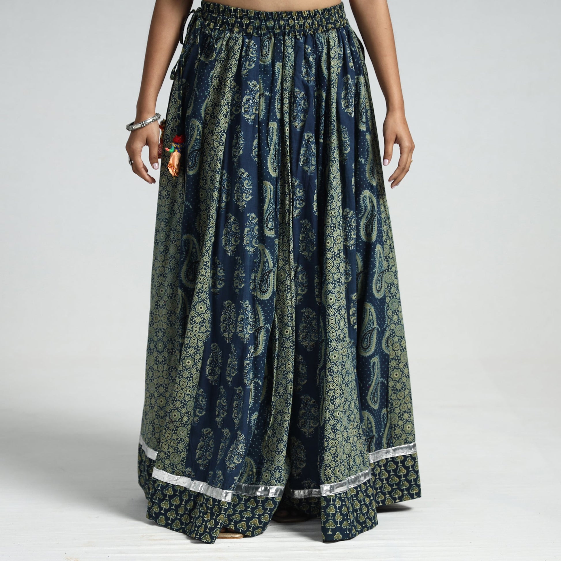 Blue - Ajrakh Block Printed 24 Kali Patchwork Cotton Long Skirt