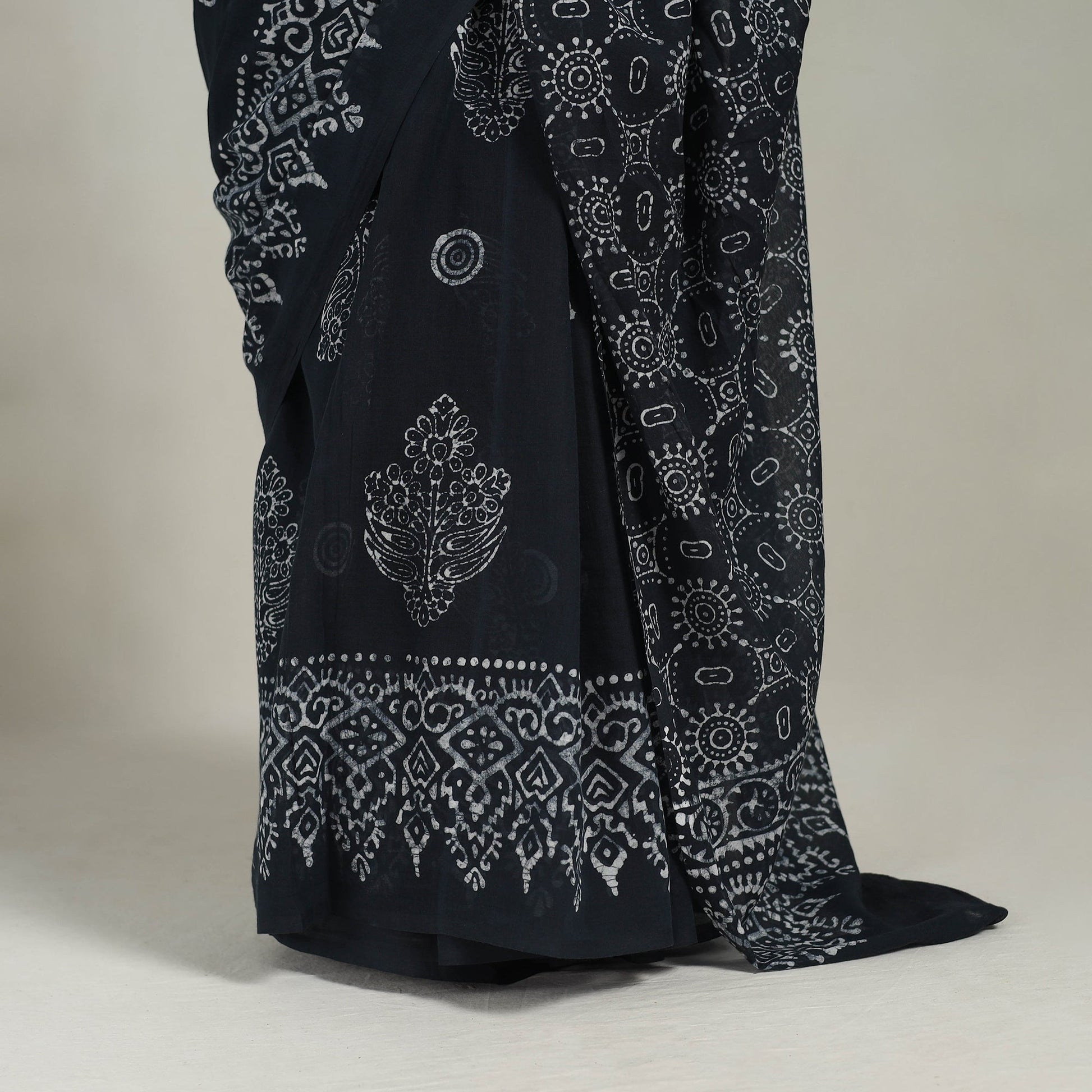 Black - Cotton Hand Batik Print Saree 02