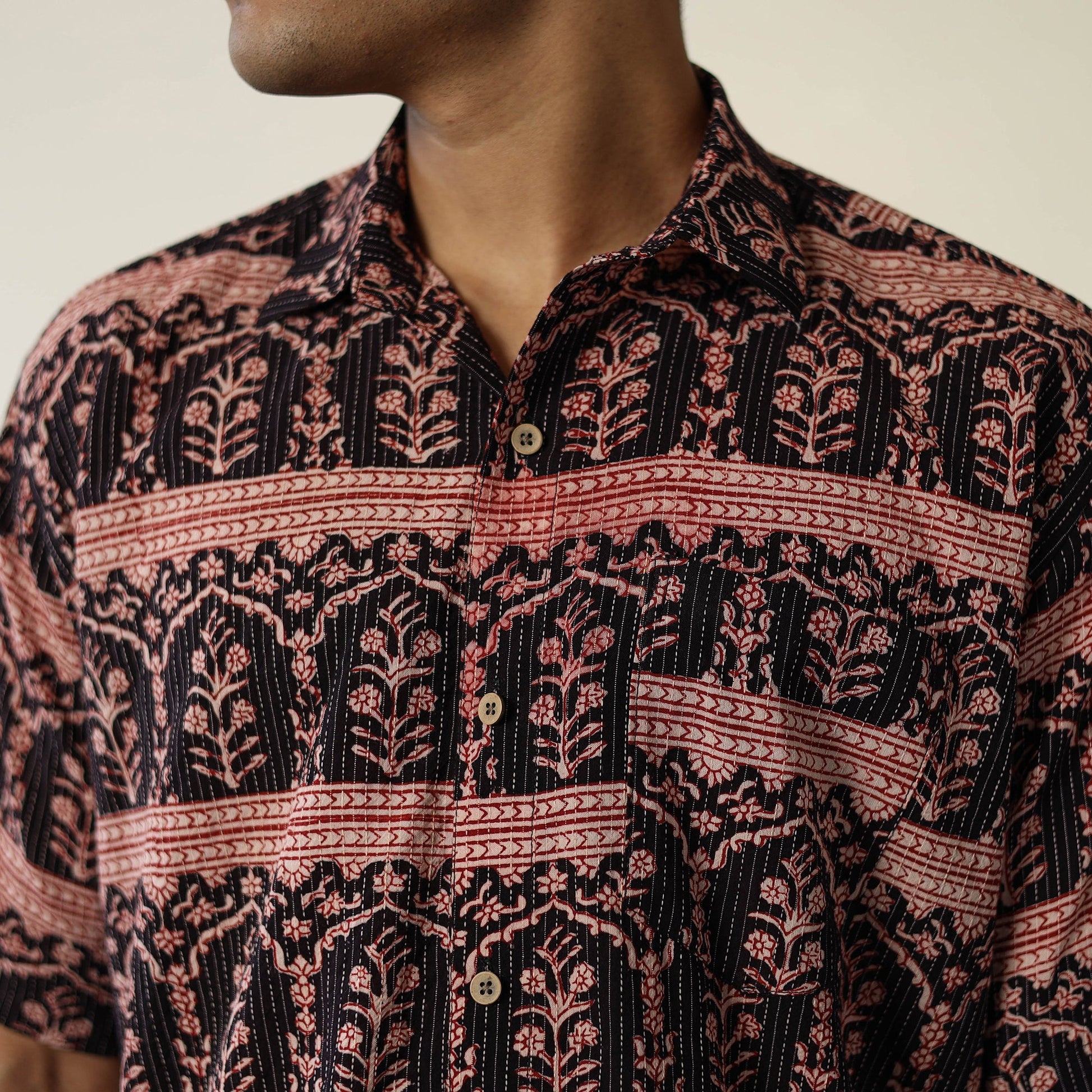 Black - Bagh Prints Kantha Cotton Men Half Sleeve Shirt 15