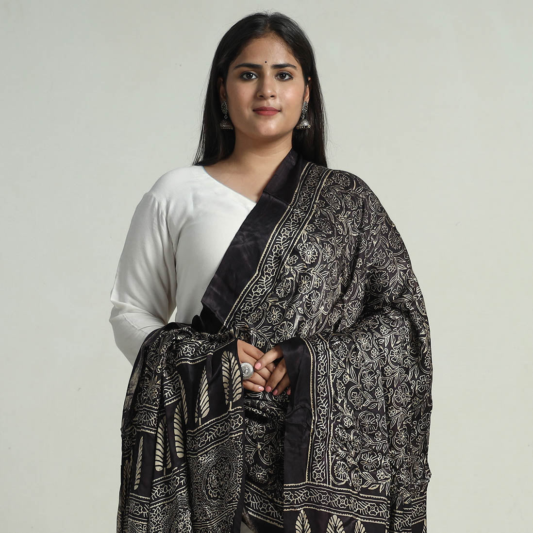 Black - Modal Silk Block Print Ajrakh Dupatta 55