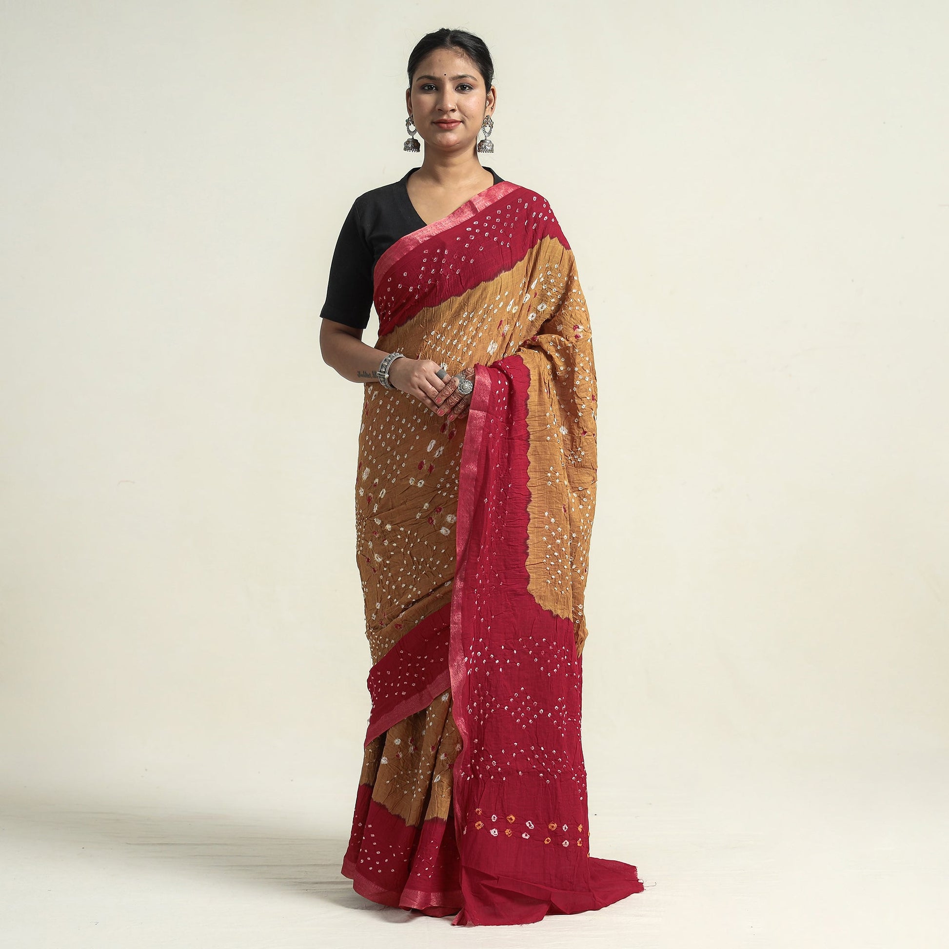Brown - Kutch Bandhani Tie-Dye Cotton Saree with Blouse Piece
