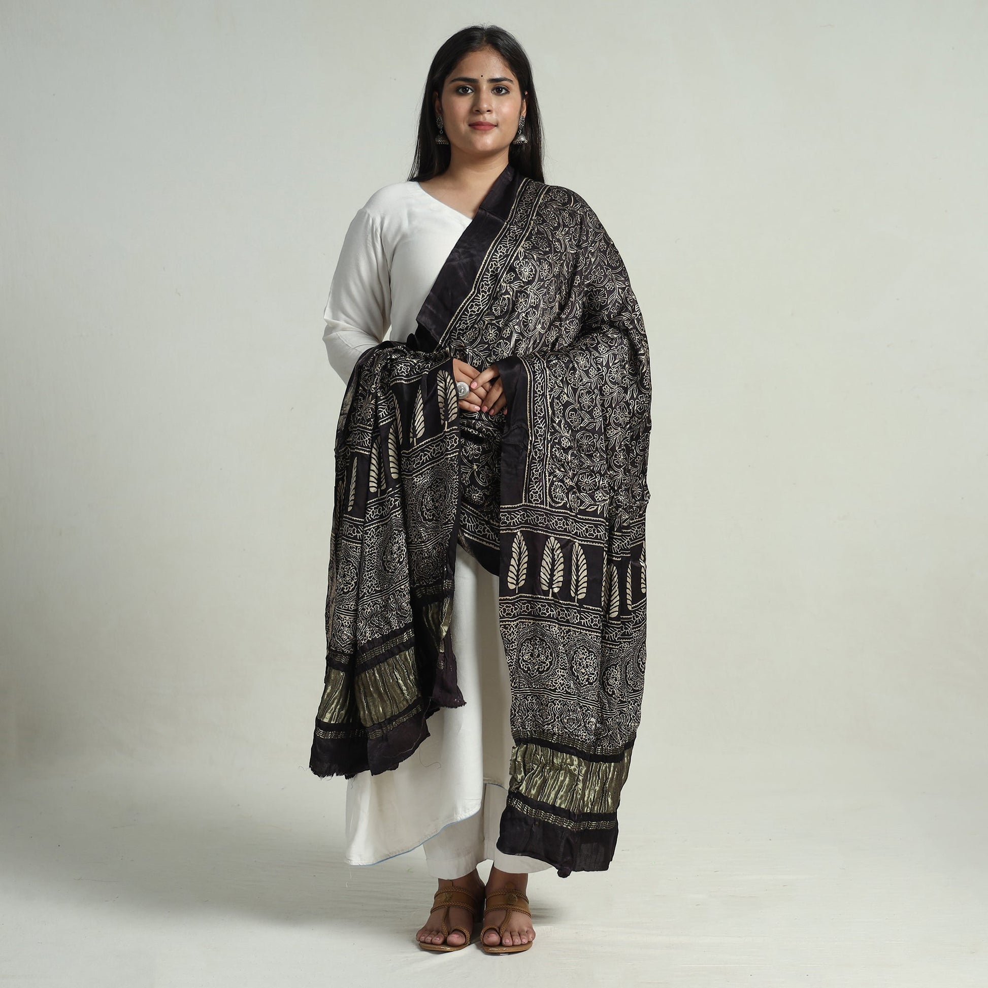 Black - Modal Silk Block Print Ajrakh Dupatta 55