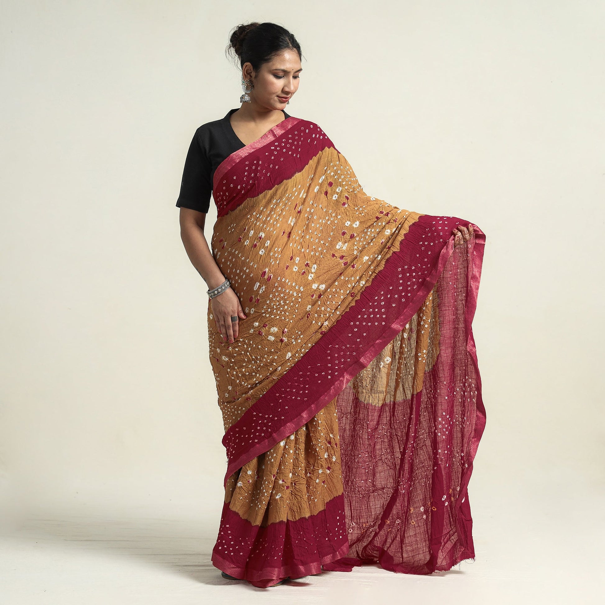 Brown - Kutch Bandhani Tie-Dye Cotton Saree with Blouse Piece