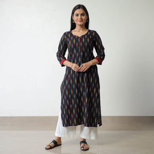 Black - Pochampally Ikat Weave Cotton Straight Kurta 07