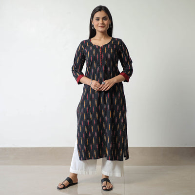Black - Pochampally Ikat Weave Cotton Straight Kurta 07