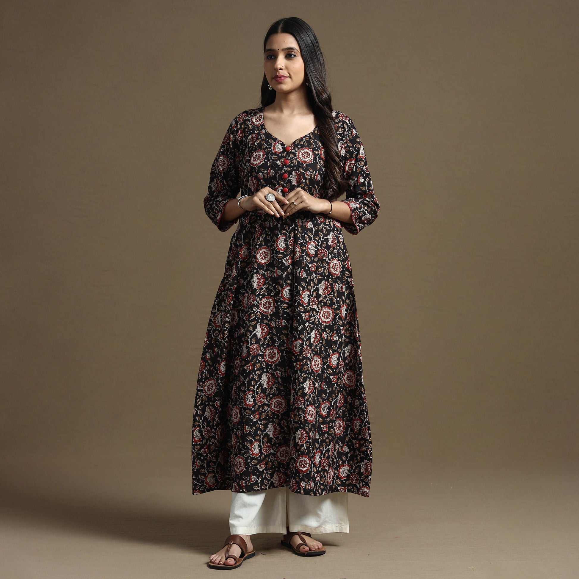 Black - Bagru Hand Block Printed Cotton A-Line Kurta