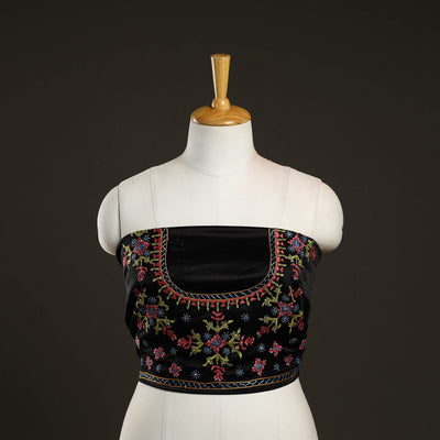 Black - Kutch Hand Embroidery Mashru Silk Blouse Piece 61