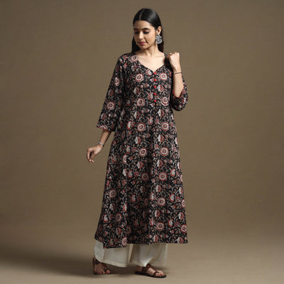 Black - Bagru Hand Block Printed Cotton A-Line Kurta