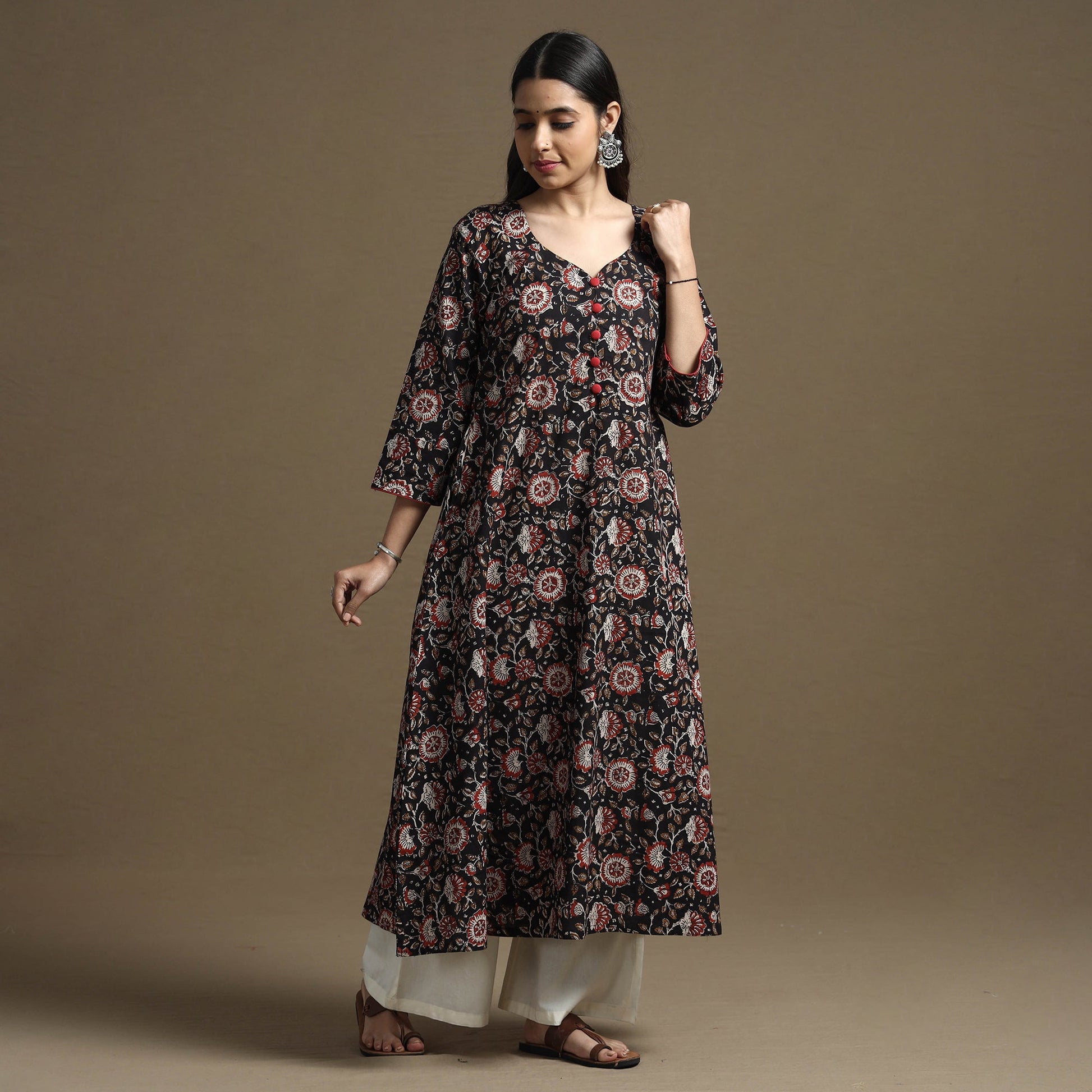 Black - Bagru Hand Block Printed Cotton A-Line Kurta