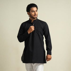 Black - Plain Handloom Cotton Men Short Kurta