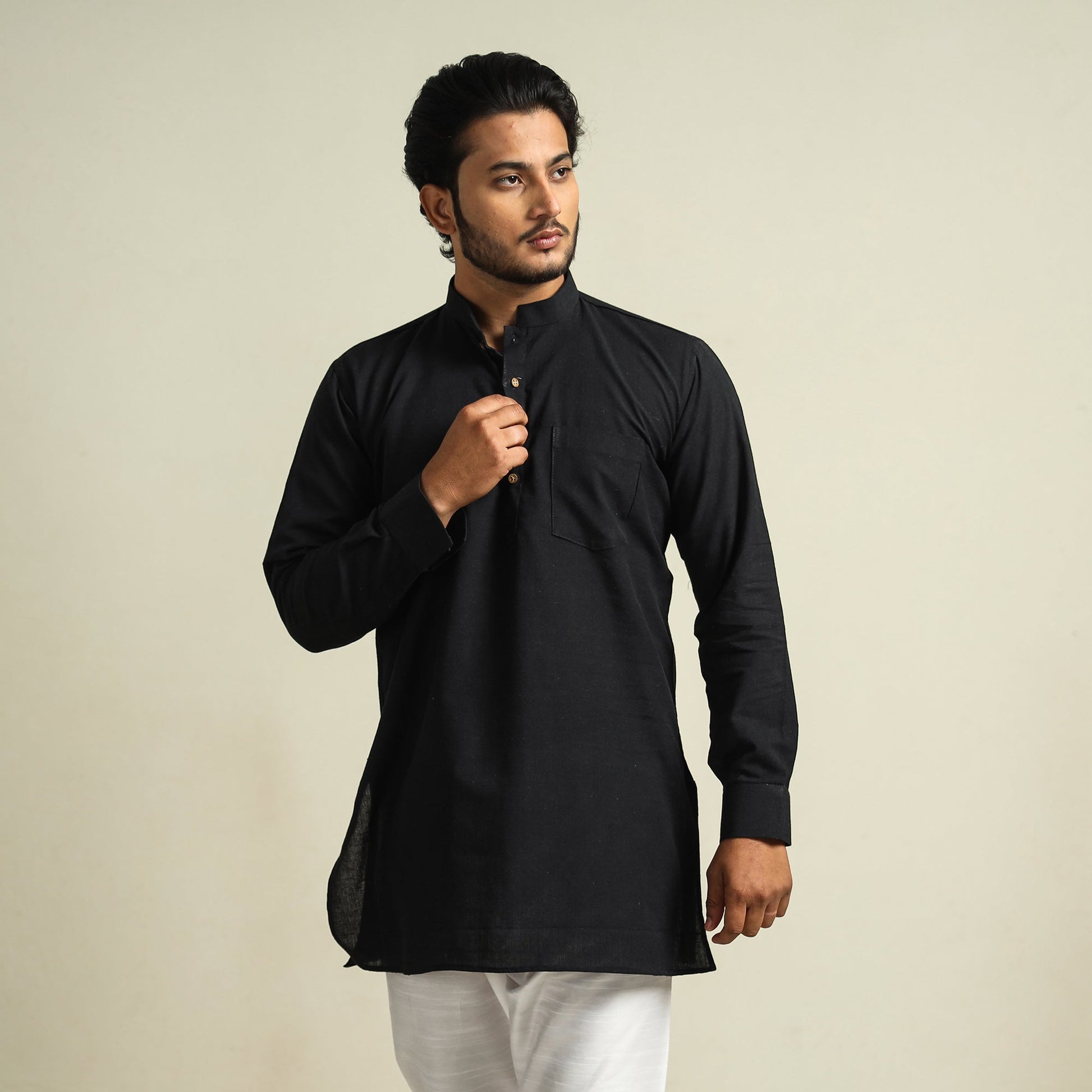 Black - Plain Handloom Cotton Men Short Kurta