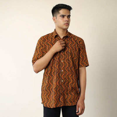 Brown - Bagh Hand Block Printed Cotton Men Half Sleeve Shirt 03