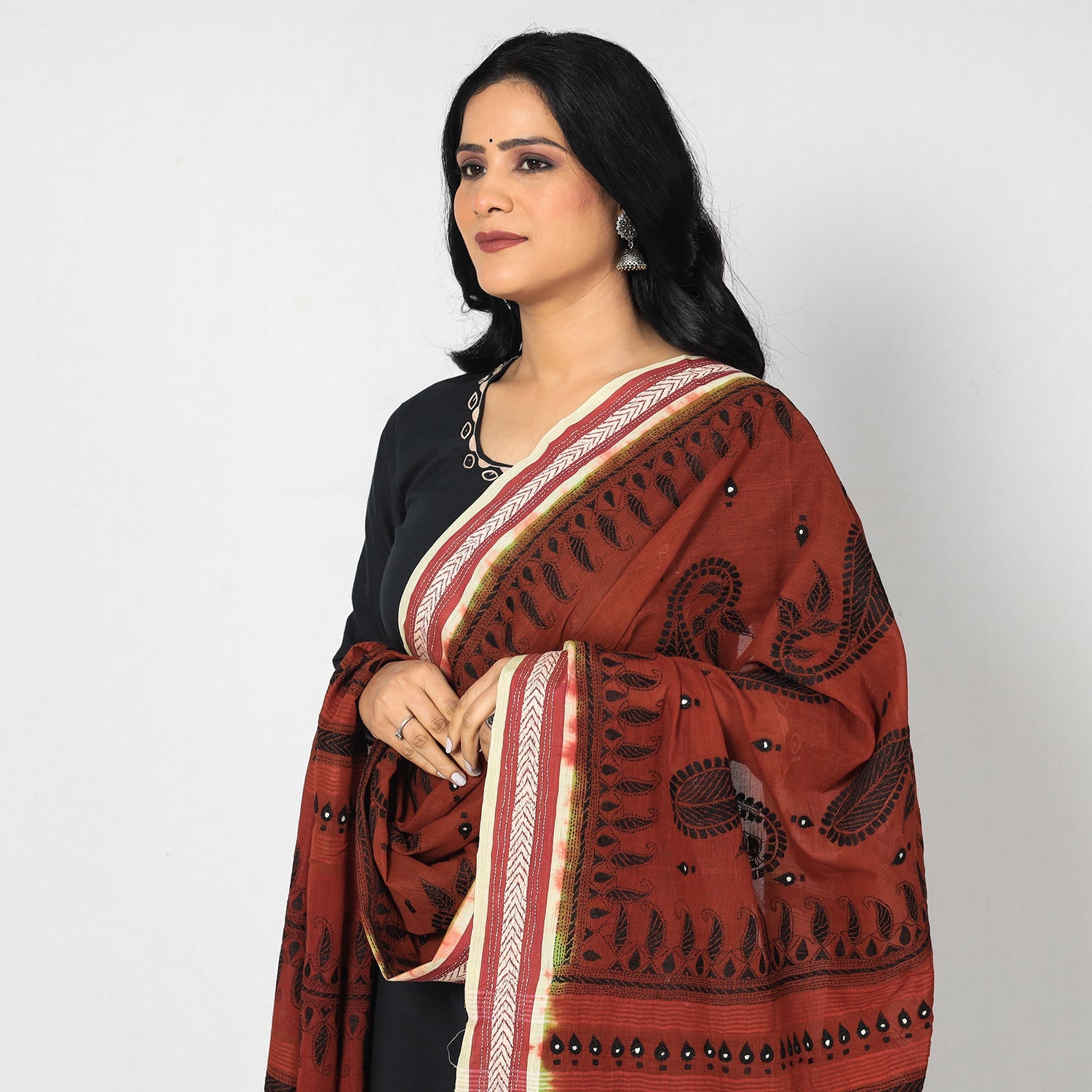 Brown - Bengal Kantha Embroidery Cotton Handloom Dupatta