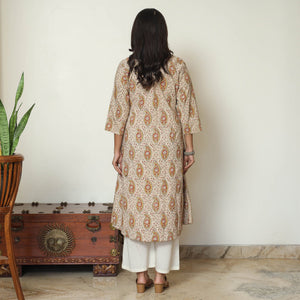 Beige - Pedana Kalamkari Hand Block Printed Cotton Pintuck A-Line Kurta 57
