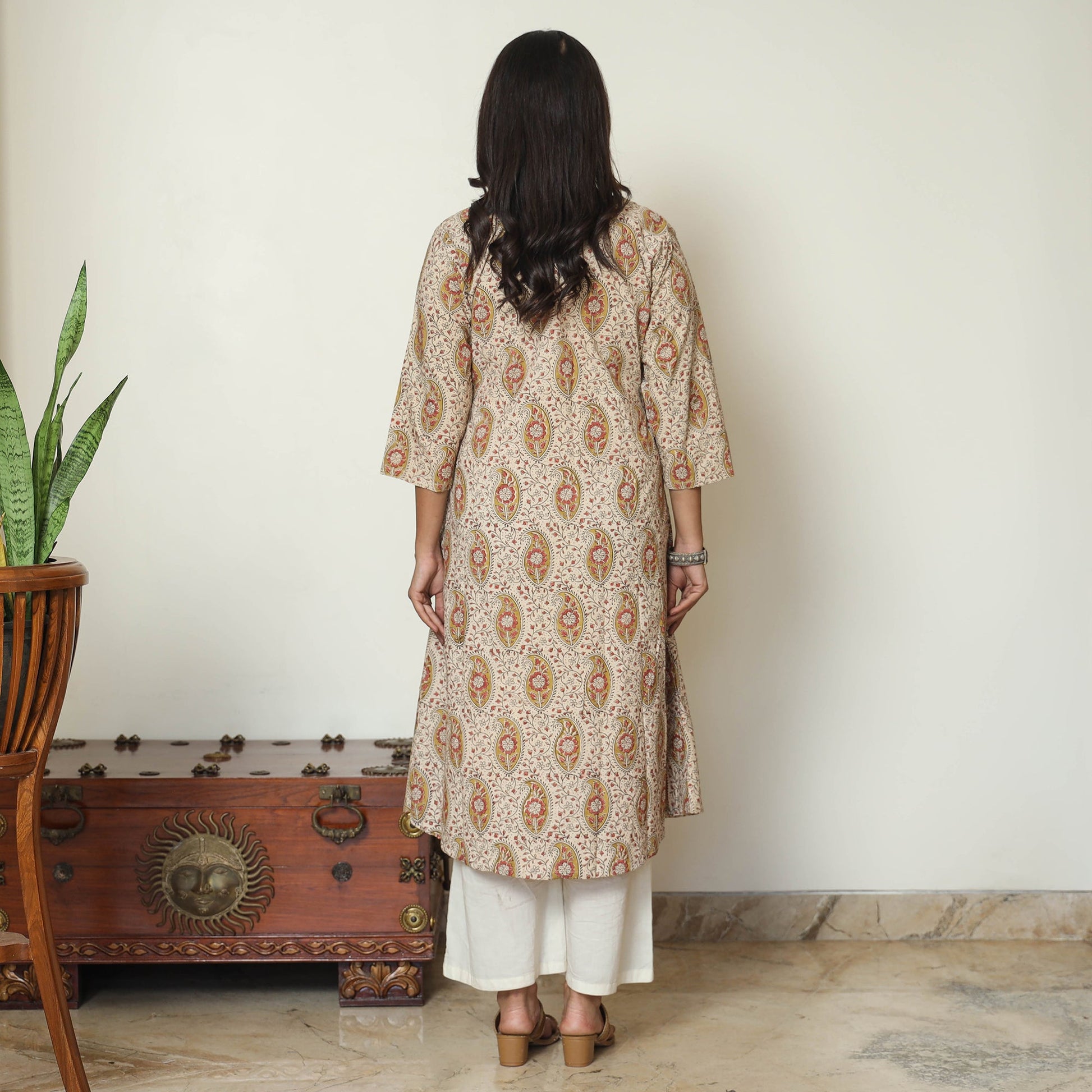 Beige - Pedana Kalamkari Hand Block Printed Cotton Pintuck A-Line Kurta 57