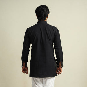 Black - Plain Handloom Cotton Men Short Kurta