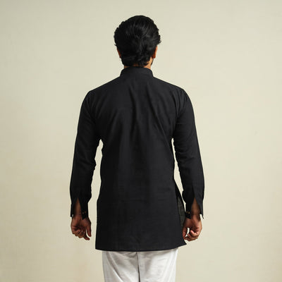 Black - Plain Handloom Cotton Men Short Kurta