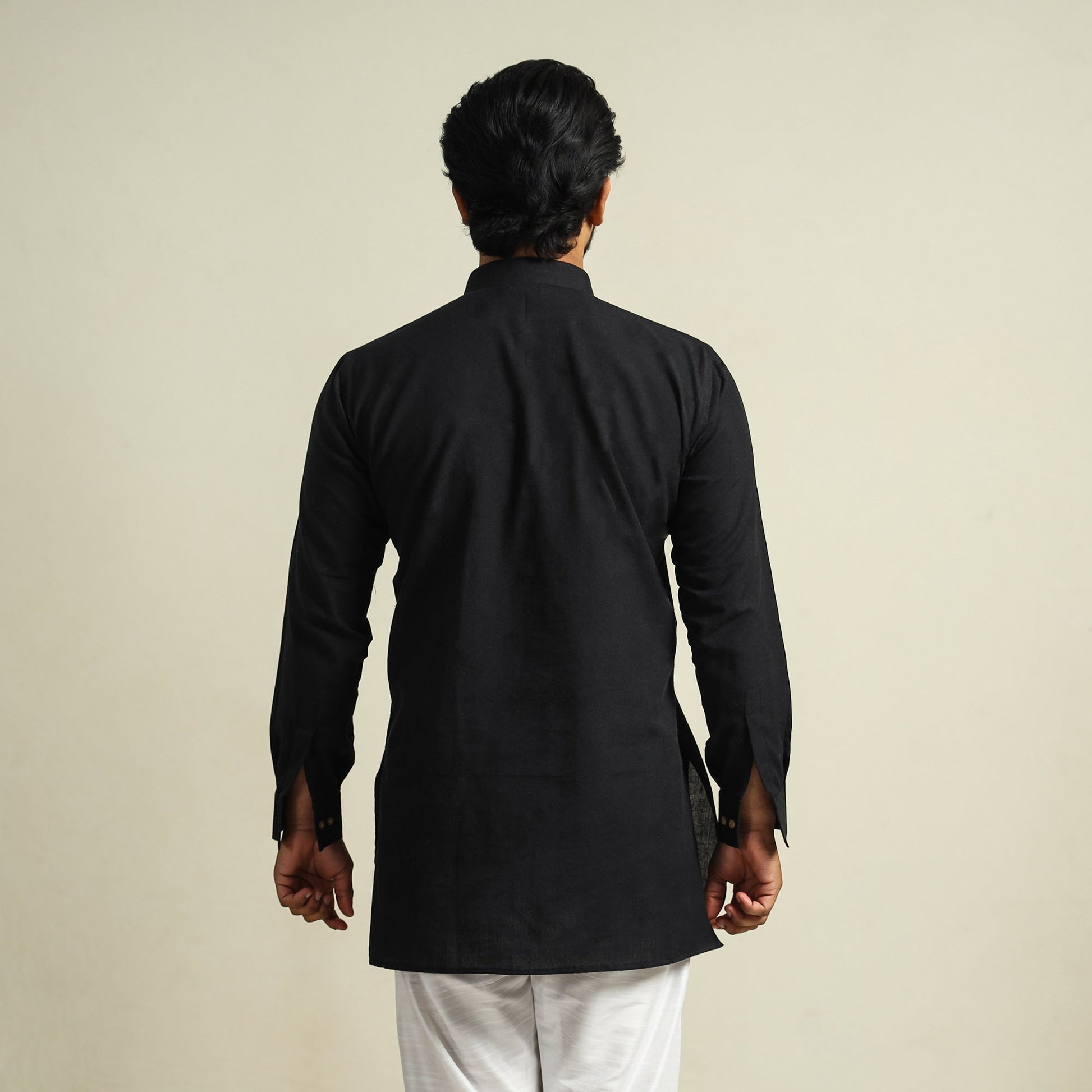Black - Plain Handloom Cotton Men Short Kurta