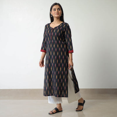 Black - Pochampally Ikat Weave Cotton Straight Kurta 07