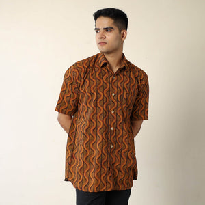 Brown - Bagh Hand Block Printed Cotton Men Half Sleeve Shirt 03