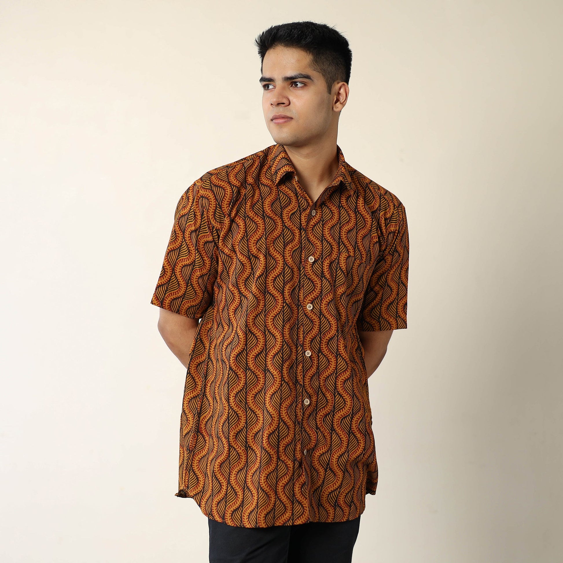 Brown - Bagh Hand Block Printed Cotton Men Half Sleeve Shirt 03