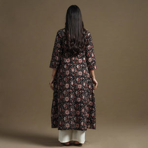 Black - Bagru Hand Block Printed Cotton A-Line Kurta